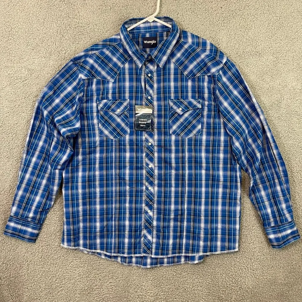 NEW Wrangler Pearl Snap Shirt Men’s 3X Blue Long Sleeve Western Plaid Shirt